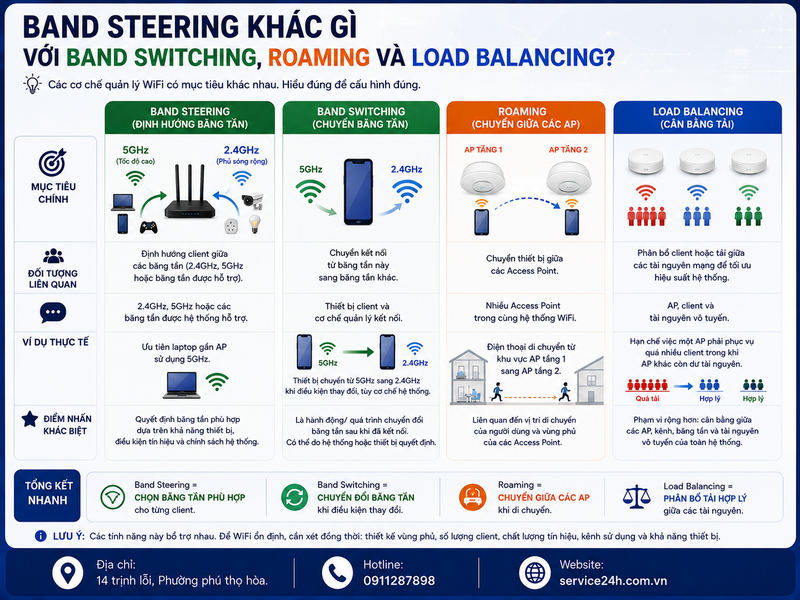 Band Steering khác gì với Band Switching, Roaming và Load Balancing?