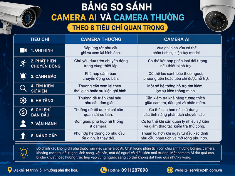 Bảng so sánh camera AI và camera thường theo 8 tiêu chí quan trọng