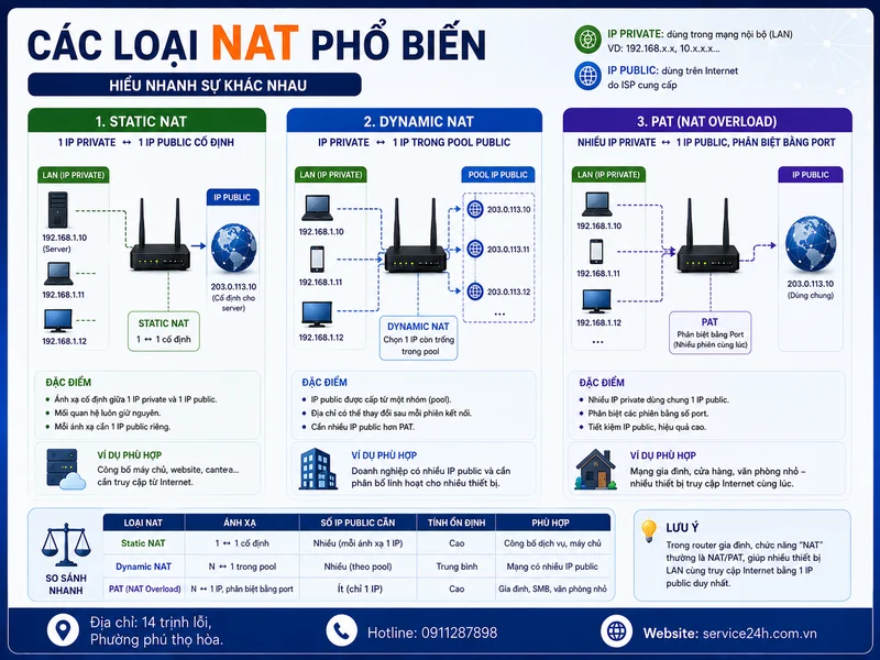Các loại NAT phổ biến: Static NAT, Dynamic NAT và PAT