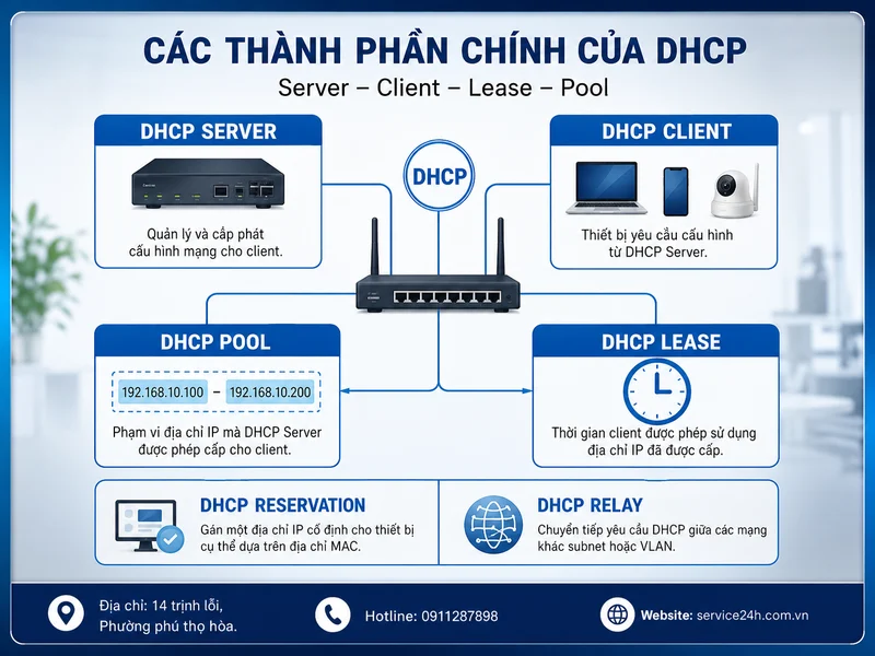 Các thành phần chính của DHCP: Server, Client, Lease và Pool