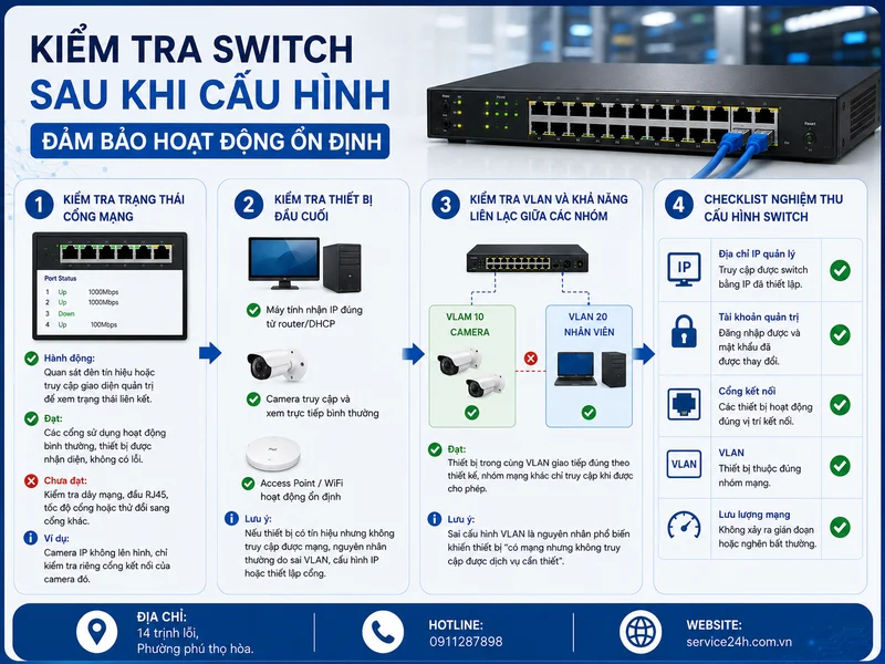 Cách kiểm tra switch sau khi cấu hình để đảm bảo hoạt động ổn định
