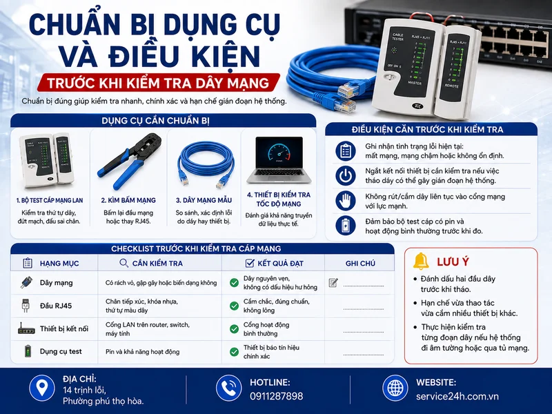 Chuẩn bị dụng cụ và điều kiện trước khi kiểm tra dây mạng