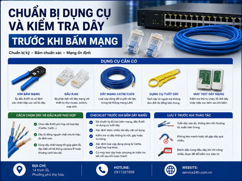 Chuẩn bị dụng cụ và kiểm tra dây trước khi bấm mạng