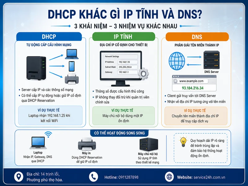 DHCP khác gì IP tĩnh và DNS?