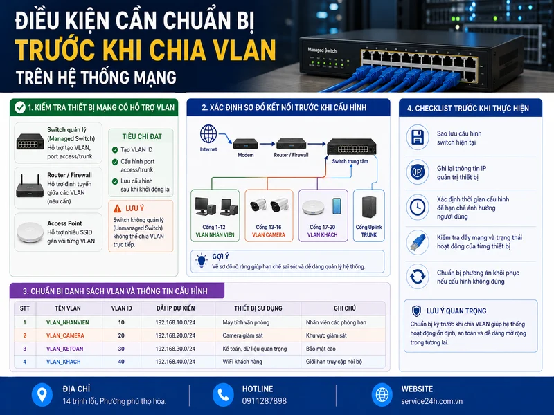 Điều kiện cần chuẩn bị trước khi chia VLAN trên hệ thống mạng