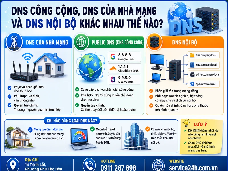 DNS công cộng, DNS của nhà mạng và DNS nội bộ khác nhau thế nào?