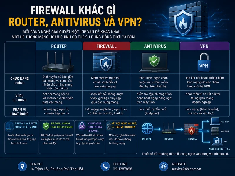Firewall khác gì Router, Antivirus và VPN?