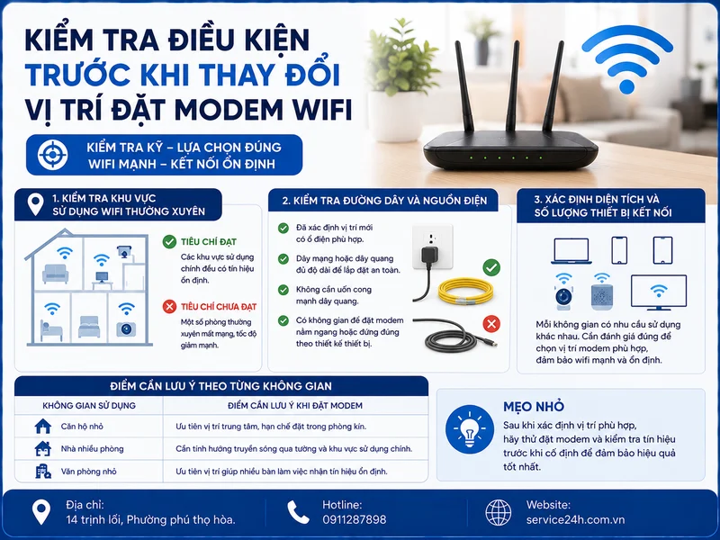 Kiểm tra điều kiện trước khi thay đổi vị trí đặt modem wifi