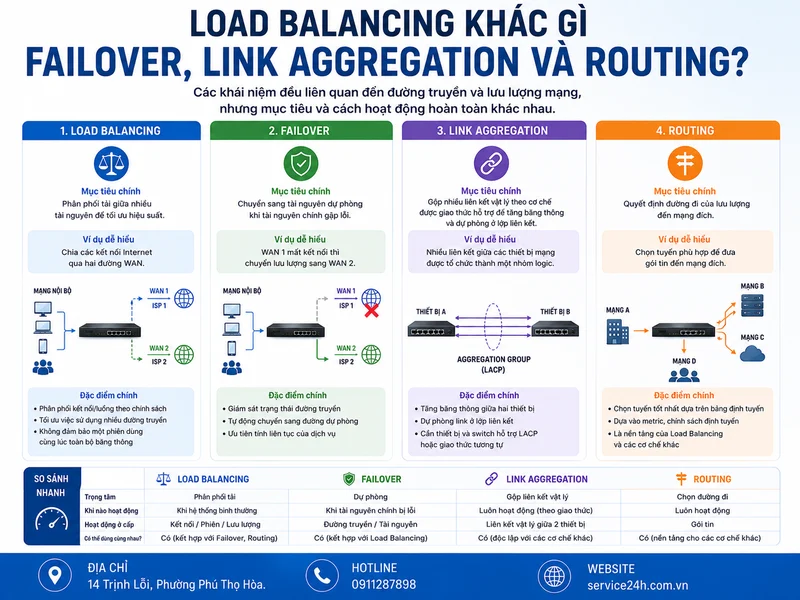 Load Balancing khác gì Failover, Link Aggregation và Routing?