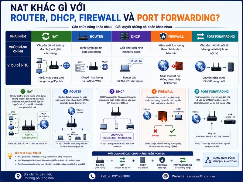 NAT khác gì với Router, DHCP, Firewall và Port Forwarding?