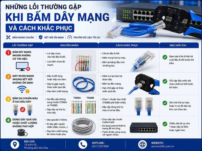 Những lỗi thường gặp khi bấm dây mạng và cách khắc phục