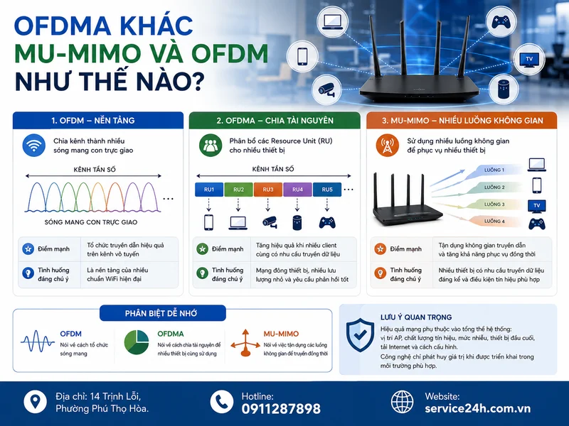 OFDMA khác MU-MIMO và OFDM như thế nào?