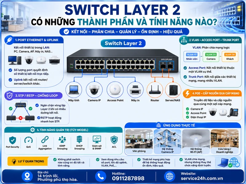 Switch Layer 2 có những thành phần và tính năng nào?