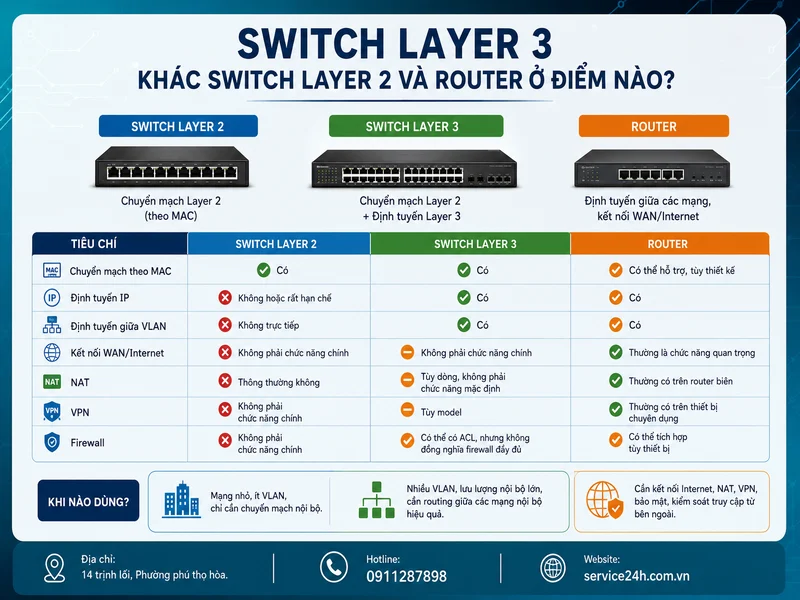 Switch Layer 3 khác Switch Layer 2 và Router ở điểm nào?