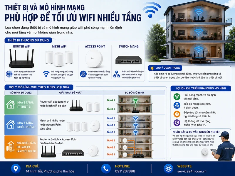 Thiết bị và mô hình mạng phù hợp để tối ưu wifi nhiều tầng