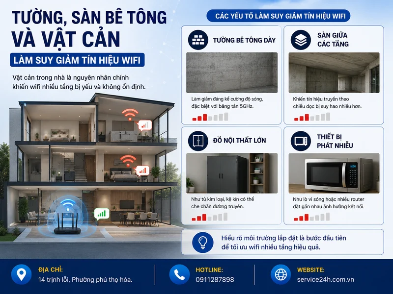 Tường, sàn bê tông và vật cản làm suy giảm tín hiệu wifi