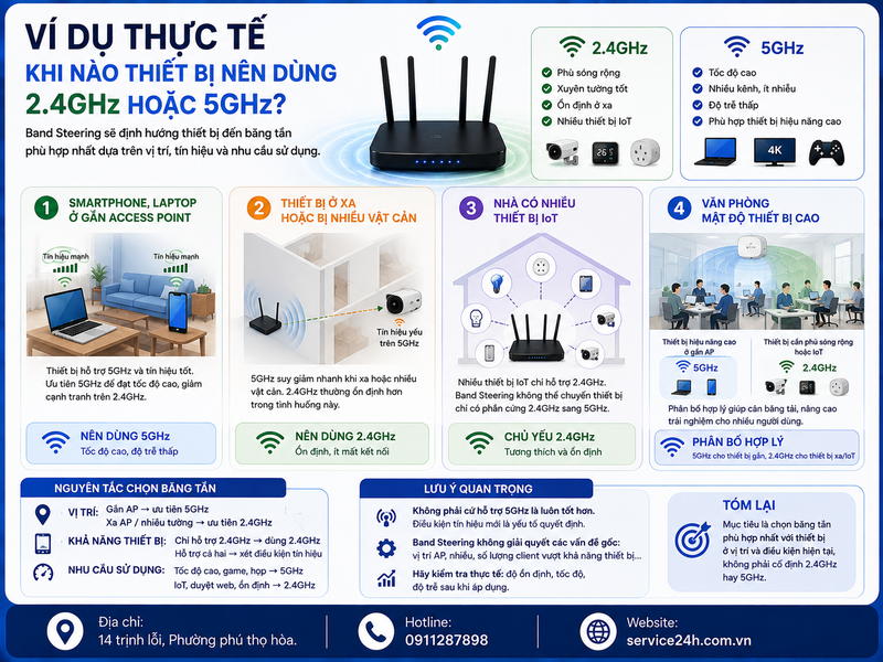 Ví dụ thực tế: khi nào thiết bị nên dùng 2.4GHz hoặc 5GHz?