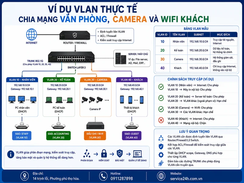 Ví dụ VLAN thực tế: chia mạng văn phòng, camera và WiFi khách